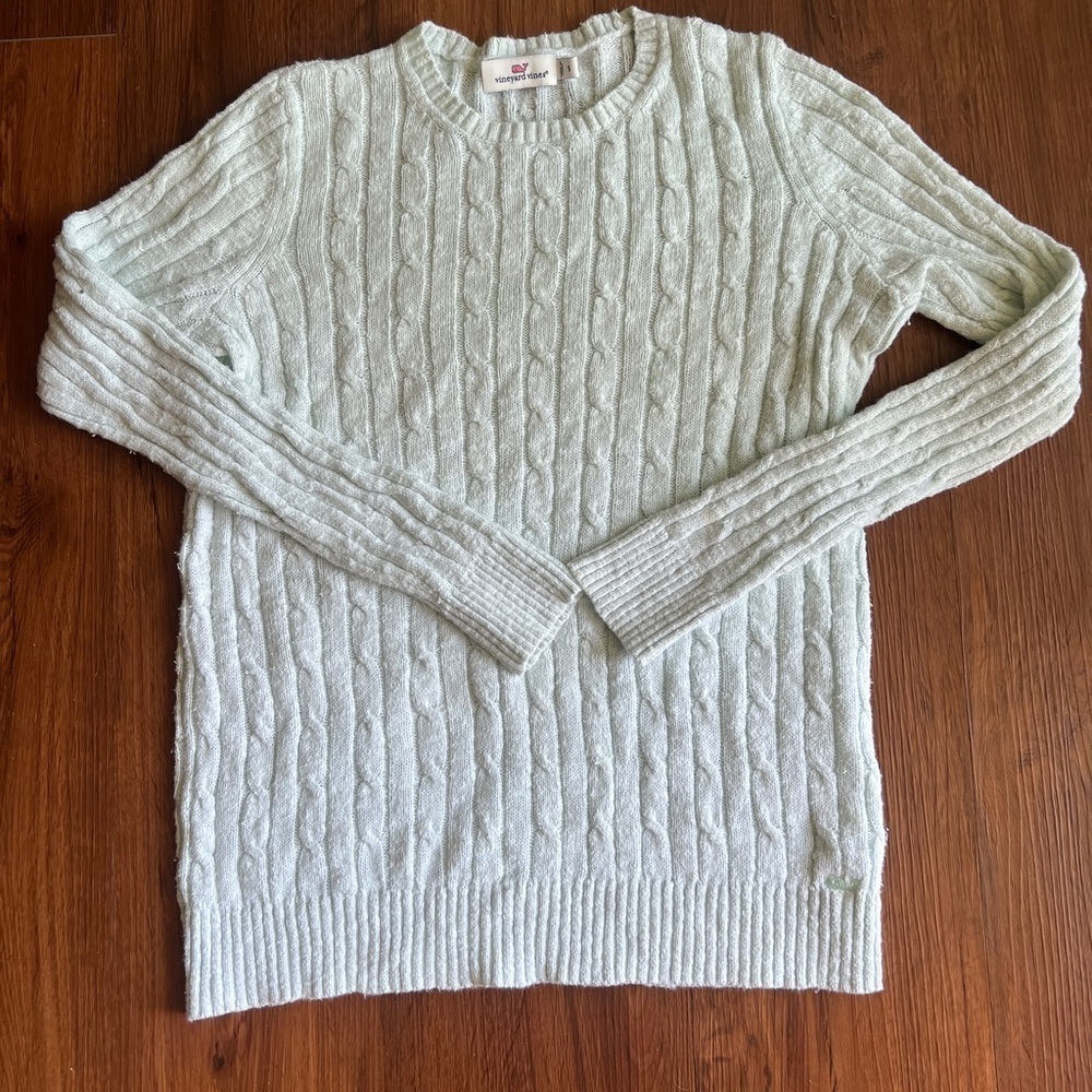 Vineyard Vines Light Mint Green Cable Knit Slub Sweater Size S 100% Cotton